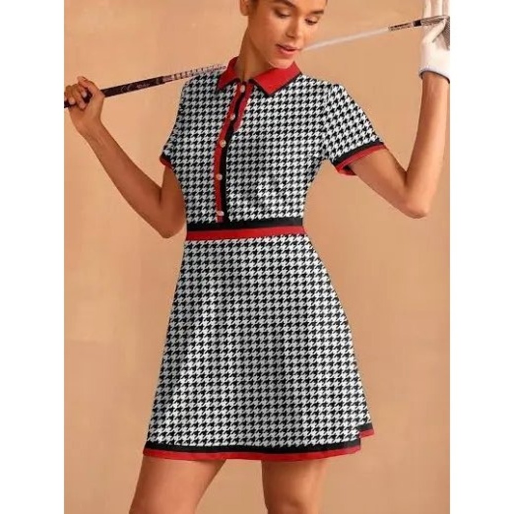 Acegolfs Womens Houndstooth Golf Dress Red Trim Black White Polo Mini Large NWT